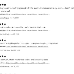 May include: Five star reviews for a pressed flower art piece. The reviews highlight the quality, craftsmanship, and beauty of the artwork. The reviews are from customers named Jenna, Karl, Emily, and Nicole.