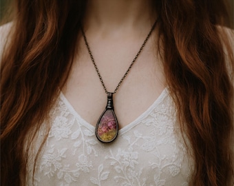 Rose Necklace – Teardrop Glass Pendant with Moss, Romantic Botanical Terrarium Jewelry Gift