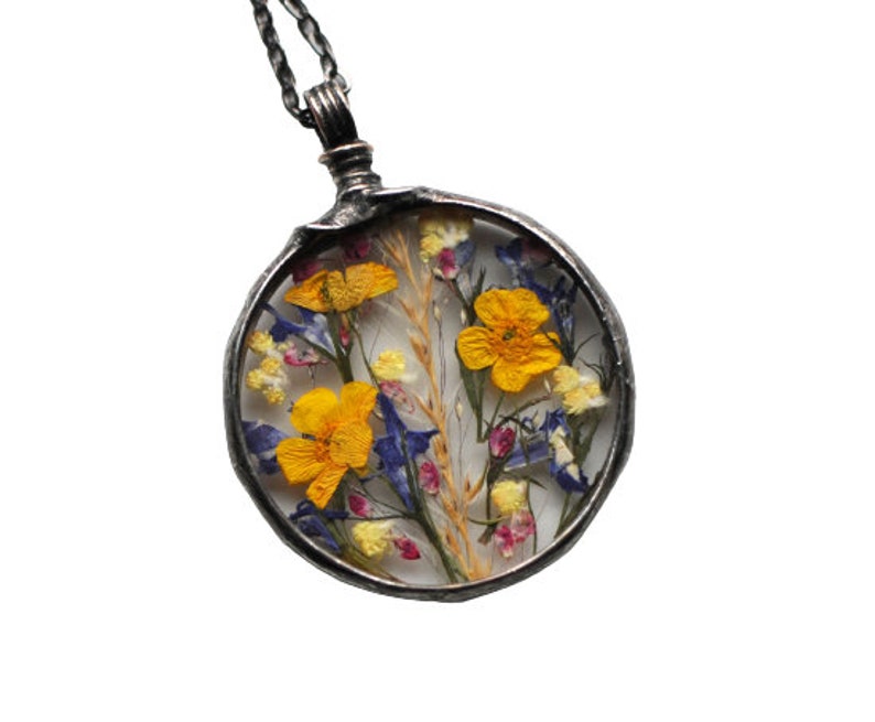 Terrarium Jewelry, Botanical Necklace, Flower Jewelry, Pressed Flower Necklace, Stained Glass Jewelry, MARIAELA, meadow pendant image 3