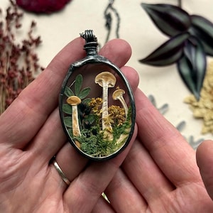 mushroom necklace, mushrooms pendant, mariaela, moss, miniature mushrooms, Forest Jewelry, real tiny mushroom necklace