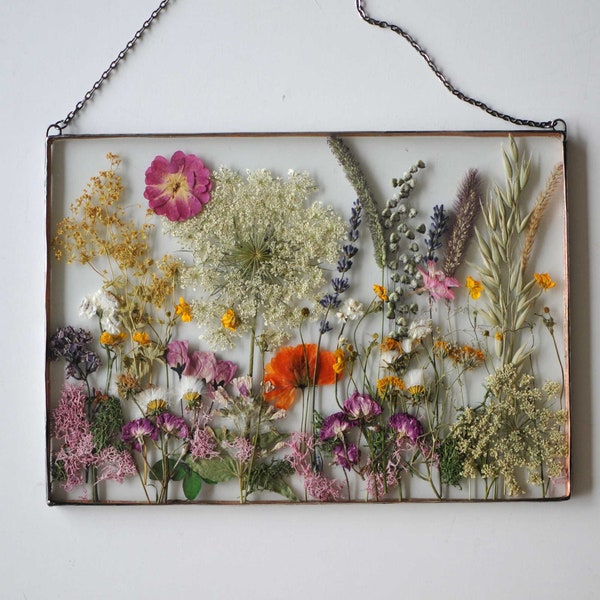Pressed Flower Wall Art – Real Dried Flowers in Stained Glass Frame – Botanical Decor