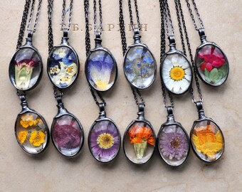 Collana di fiori di nascita, Festa della mamma, Gioielli Fiore del mese di nascita, Gioielli di fiori del mese di nascita, Collana di fiori naturali pressati