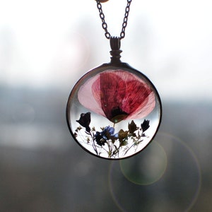 Poppy necklace, Pressed flower necklace, Wedding, Nature, Dried flowers, Forget me nots, Terrarium necklace, Gift for her, Mother's Day image 1