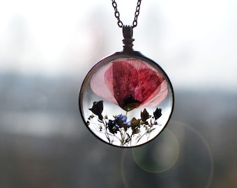 Poppy necklace, Pressed flower necklace, Wedding, Nature, Dried flowers, Forget me nots, Terrarium necklace, Gift for her, Mother's Day