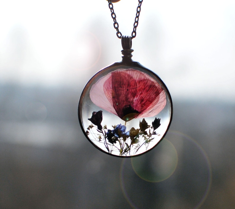 Poppy necklace, Pressed flower necklace, Wedding, Nature, Dried flowers, Forget me nots, Terrarium necklace, Gift for her, Mother's Day image 1