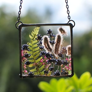 Pressed Flower Stained Glass Frame: Lavender Suncatcher Wall Art