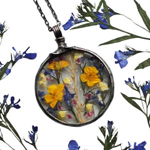 Terrarium Jewelry, Botanical Necklace, Flower Jewelry, Pressed Flower Necklace, Stained Glass Jewelry, MARIAELA, meadow pendant image 2