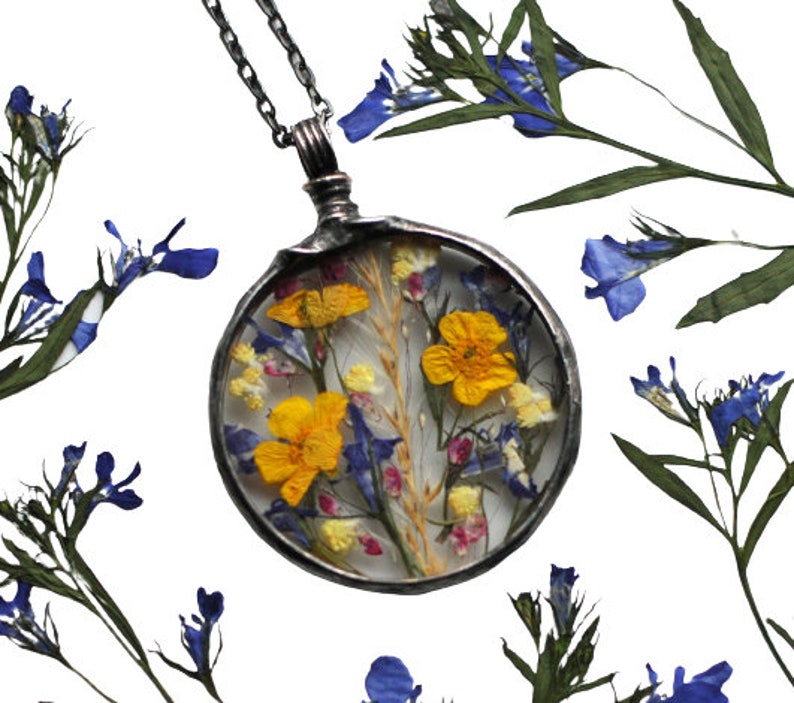 Terrarium Jewelry, Botanical Necklace, Flower Jewelry, Pressed Flower Necklace, Stained Glass Jewelry, MARIAELA, meadow pendant image 2