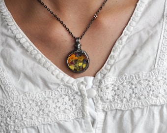 Pressed Flower Necklace: Stained Glass Terrarium Pendant, Real Meadow Flowers