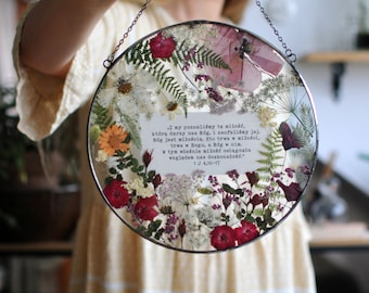 Personalisierte Glasmalerei-gepresste Blumenkunst: Individuelles Zitat Botanisches Dekor