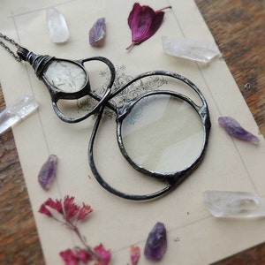 Magnifier Necklace, Loupe Necklace, Dandelion Necklace, Reading Pendant, Vintage Magnifying Glass, Handmade Jewelry Gift, Functional Jewelry