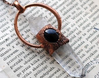 Crystal necklace, Celestial necklace, Electroformed Necklace, Point Quartz Pendant, Spiritual Jewelry, Copper Jewelry, Black Onyx