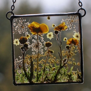 Pressed Flower Art, Dried Flower Frame, Mini Glass Frame, Queen Annes Lace, Buttercup Frame, Real Plant Frame, Stained Glass Art,
