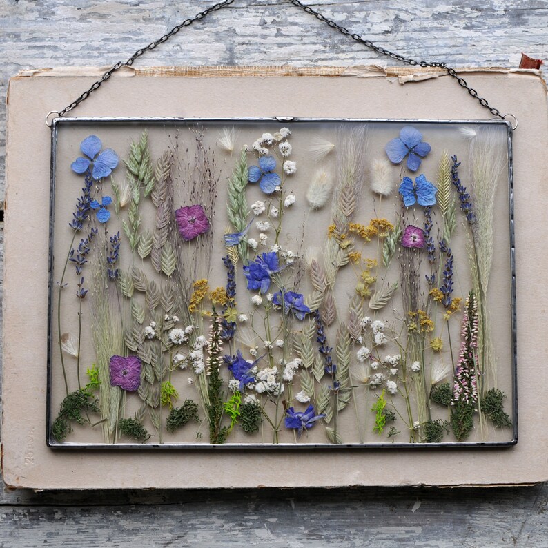 Real dried flowers, dried flower, flower hanging, Hanging Glass decor, Botanical Art, Large Pressed Flower Frame, Pressed flower art image 3