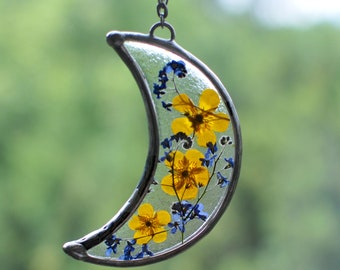 Stained glass decor, buttercup, Stained Glass Frame, Pressed Flowers,  crescent moon, stained glass, pressed flower frame, forget me nots