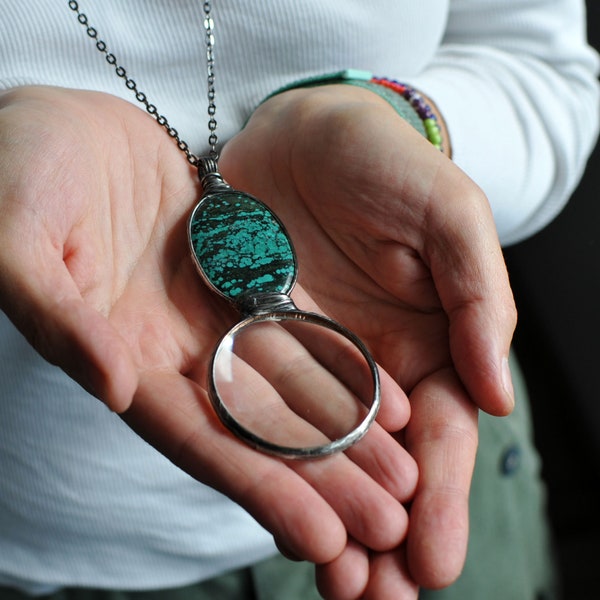 chrysoprase pendant, turquoise necklace, magnifying glass, unique gift, mother's day, green gemstone, loupe charm, monocle charm