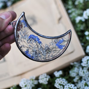 Stained Glass Frame, Pressed Flowers, Pressed Flowers, crescent moon, stained glass, pressed flower frame, forget me nots image 2