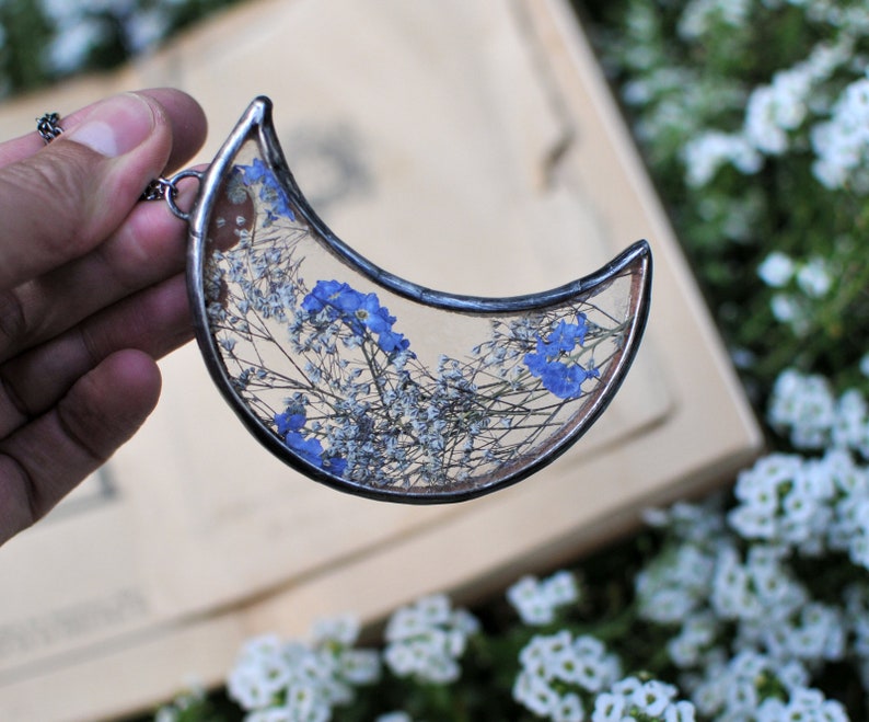 Stained Glass Frame, Pressed Flowers, Pressed Flowers, crescent moon, stained glass, pressed flower frame, forget me nots image 2