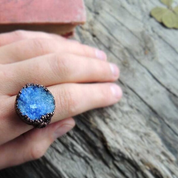 electroformed ring, 7.75 size US, electroformed jewelry, love, raw ring, blue druzy ring, geode jewelry, rough ring, raw ring, bohemian