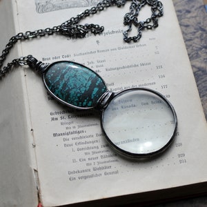 chrysoprase pendant, turquoise necklace, magnifying glass, unique gift, mother's day, green gemstone, loupe charm, monocle charm image 4