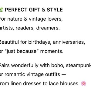 May include: Text on a white background reads "PERFECT GIFT & STYLE" followed by descriptions for nature and vintage lovers, artists, readers, and dreamers. It also mentions birthdays, anniversaries, and "just because" moments.