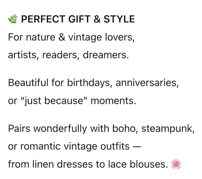 May include: Text on a white background reads "PERFECT GIFT & STYLE" followed by descriptions for nature and vintage lovers, artists, readers, and dreamers. It also mentions birthdays, anniversaries, and "just because" moments.