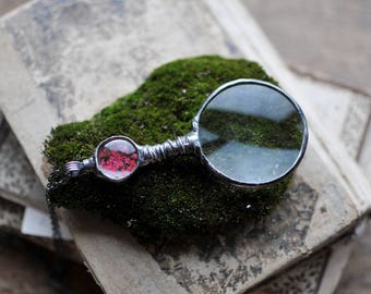 magnifier necklace, Loupe Magnifying Glass Pendant,  Terrarium necklace - Real plant - Useful gift - Handmade by Mariaela