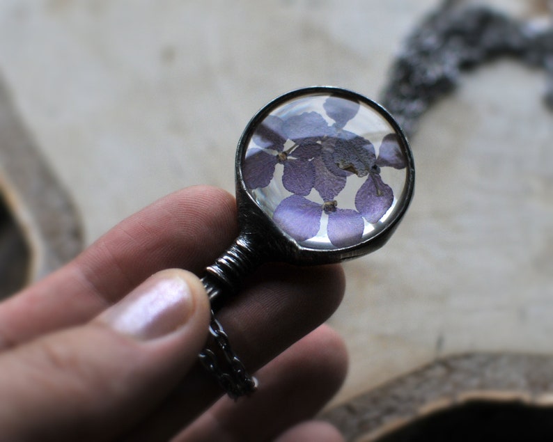 hydrangea necklace purple flower necklace presed flower jewelry bridesmaid necklace terrarium necklace real hydrangea bridal jewelry