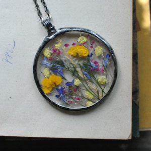 Terrarium Jewelry, Botanical Necklace, Flower Jewelry, Pressed Flower Necklace, Stained Glass Jewelry, MARIAELA, meadow pendant image 5