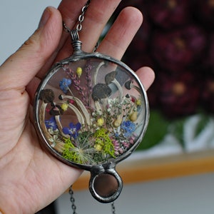 Small Mushrooms and mirror, Woodland Necklace ,Tiny Forest Treasures, Nature-inspired Pendant,  Whimsical Jewelry, Mirror Necklace