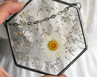 Pressed Flower Frame, Flower Art, Flower Librery, Botanical Wall Art, Stained Glass Panel, mariaela, Dandelion, baby's breath, Daisy