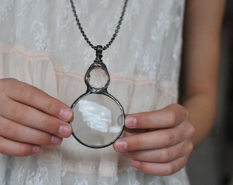Magnifying Glass Necklace, Celestial Prism Magnifier Pendant, Vintage Steampunk Loupe Jewelry, Gift for Her