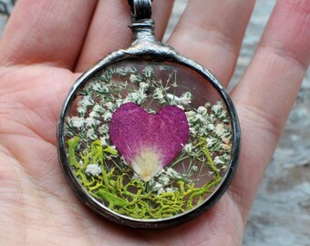 Pressed Rose Flower Pendant: Terrarium Necklace, Eco Friendly Tin