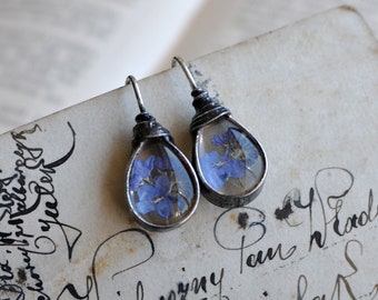 pressed flower, terrarium earrings, pressed forget me not earrings, Handmade Real Dried Forget Me Not Flower Earrings