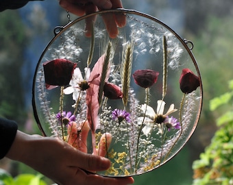 Circle Pressed Flowers, Large Pressed Flower, Pressed Flower Art, Floating Frame, Pressed Flower Glass, Flower Wall, office decor, boho