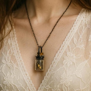 Può includere: Collana con pendente a forma di piccola fiala di vetro riempita di piante essiccate. La fiala ha un tappo di sughero ed è sospesa a una catena di metallo scuro. La collana è indossata su un top di pizzo color crema.