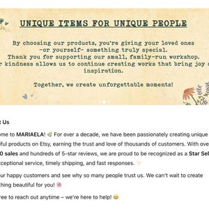 May include: A rectangular banner with a light beige textured background featuring the text UNIQUE ITEMS FOR UNIQUE PEOPLE, followed by a message about a small family-run workshop and creating unforgettable moments, with floral illustrations.