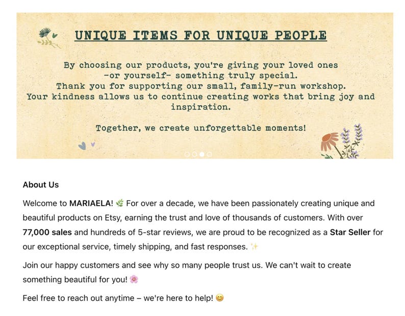 May include: A rectangular banner with a light beige textured background featuring the text UNIQUE ITEMS FOR UNIQUE PEOPLE, followed by a message about a small family-run workshop and creating unforgettable moments, with floral illustrations.