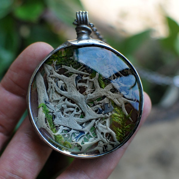 lichen necklace, forest necklace, nature lover, moss necklace, real lichen, stained glass, fairytale jewelry