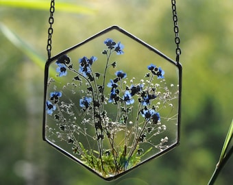 Forget Me Not Stained Glass Frame: Pressed Flower Hanging Decor