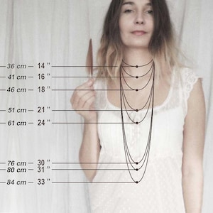 May include: A necklace length guide featuring eight black circular outlines representing different chain lengths ranging from 14 inches to 33 inches, with corresponding metric measurements from 36 cm to 84 cm labeled clearly on the left side.