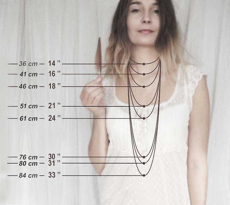 May include: A necklace length guide featuring eight black circular outlines representing different chain lengths ranging from 14 inches to 33 inches, with corresponding metric measurements from 36 cm to 84 cm labeled clearly on the left side.