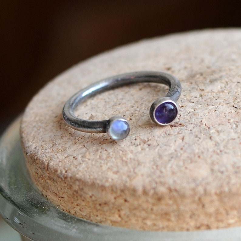 Dual stone ring, US 4.75 size, moonstone and amethyst ring, gemstone ring, sterling Silver ring, stacking ring, open ring, adjustable image 4