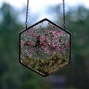 May include: A hexagonal glass pendant with a delicate chain, featuring pressed pink and white flowers and green moss inside.