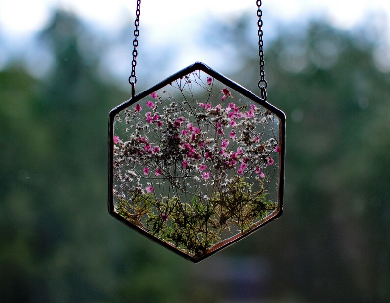 May include: A hexagonal glass pendant with a delicate chain, featuring pressed pink and white flowers and green moss inside.