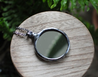 Vintage Mirror Necklace – Celestial Pendant with Real Glass Mirror, Long Chain, Handmade Gothic Jewelry, Moon & Stars Design