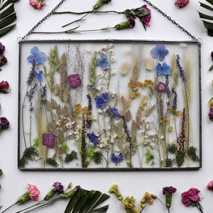 Real dried flowers, dried flower, flower hanging, Hanging Glass decor, Botanical Art, Large Pressed Flower Frame, Pressed flower art image 1
