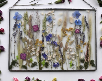 Echte getrocknete Blumen, getrocknete Blume, Blumenhängen, hängende Glasdekor, botanische Kunst, großer gepresster Blumenrahmen, gepresste Blumenkunst