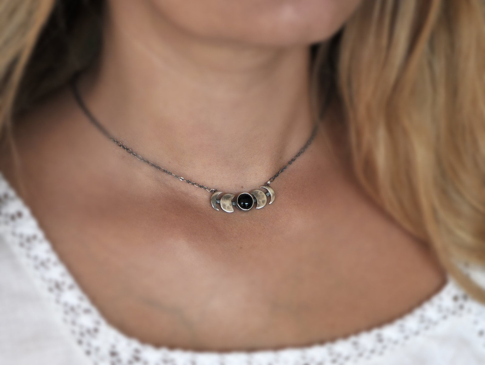 Black cabochon crescent moon necklace