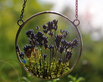 Gepresster Lavendel, Hängerahmen, Buntglasplatte, gepresster Blumenrahmen, Glasplatte, Glas wandbehang, Kreis Blumenrahmen